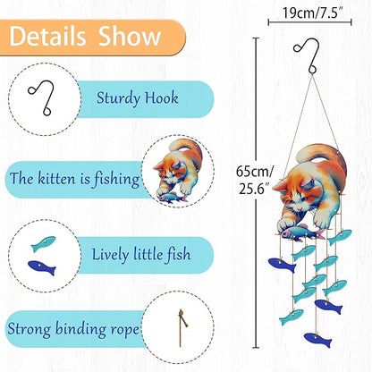 Cute Kitten Fish Wind Chimes for Outside, Handcrafted Windchimes Outdoors Unique,Suncatchers Sea Glass Art Christmas, Patio Beach Hanging Outdoor Home Garden Decor, Christmas Memorial Gifts for Women