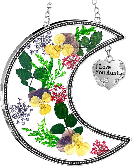 KY&BOSAM Moon Suncatchers Aunt Gifts for Mom Family Friends Stained Glass for Windows Wind Chimes Real Flower Colorful and Metal I Love You Aunt Heart Chain Outdoor for Garden Indoor Home Trees Decor
