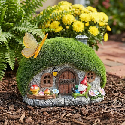 Solar Fairy Garden House Accessories, Outdoor Garden Statues with Butterfly Lights & Gnomes Gardening Gifts for Women, House Sculpture Figurine Outside Garden Decorations for Yard Patio Lawn Decor