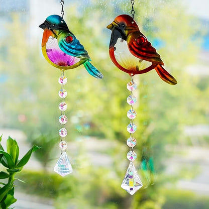 Set 2 Stained Glass Little Birds Suncatchers Rainbow Maker Crystal Prisms Hanging Suncatcher for Window Colorful Metal Birds Wall Art Fence Decorations Ornament for Christmas Tree