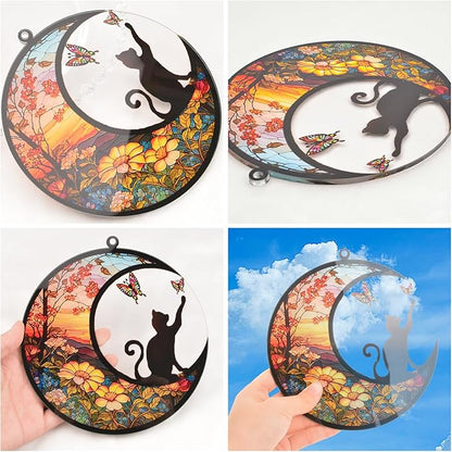 Stained Glass Window Hanging, 1 Pack Black Cat On The Moon Suncatcher Ornament Decor Stained Glass Cat Memorial Gifts