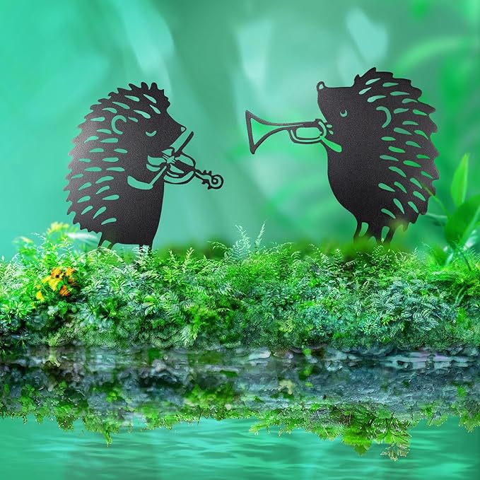 2 PCS Hedgehog Silhouette Yard Art Garden Decorative Stake Hollow Out Animals Silhouette Statue Decor, Black Hedgehog Statue Sets for Pathway, Floor, Garden, Lawn, Outdoor Decoration