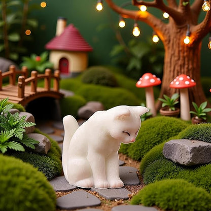 BWESOO White Miniature Cats Statue Micro Landscape Fairy Garden House DIY Terrarium Crafts Ornaments Accessories for Home Outdoor Statues