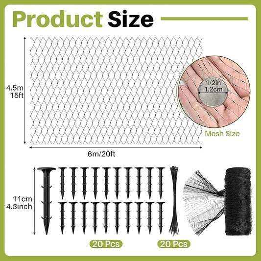 Koi Pond Netting Kit 15 x 20ft, Bird Deer Fence Netting, Durable Net Cover for Leaves, Heavy Duty Fine Mesh, Protect Fish from Blue Heron Birds, Cats & Predators, 20pcs Stakes & Ties Included