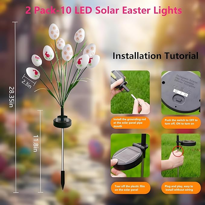 Solar Easter Egg Stake Lights 2 Pack,20 LED Waterproof Swaying Firefly Solar Lights for Outdoor Easter Decor - Garden Pathway, Lawn, Patio, Yard Landscape Decoration