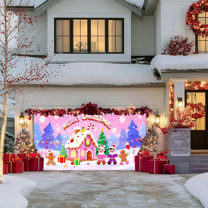 IVN Christmas Garage Door Cover Decoration 13x6ft Gingerbread House Candy Village Pink Snow Scene Merry Christmas Garage Door Banner Home Door Front Yard Decor for Xmas Eve Holiday Outdoor