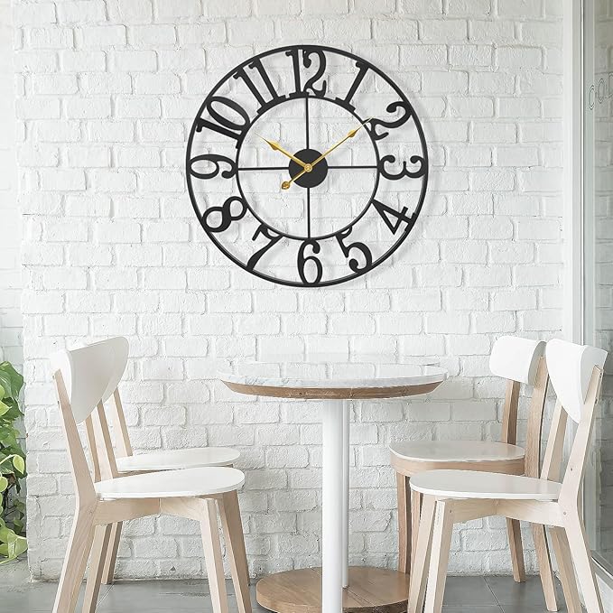 Large Outdoor Wall Clock 24 Inch - Black Metal Decorative Clock with Big Arabic Numbers - Silent Non-Ticking Quartz Clock for Patio, Garden, Porch, Backyard & Indoor Home Decor