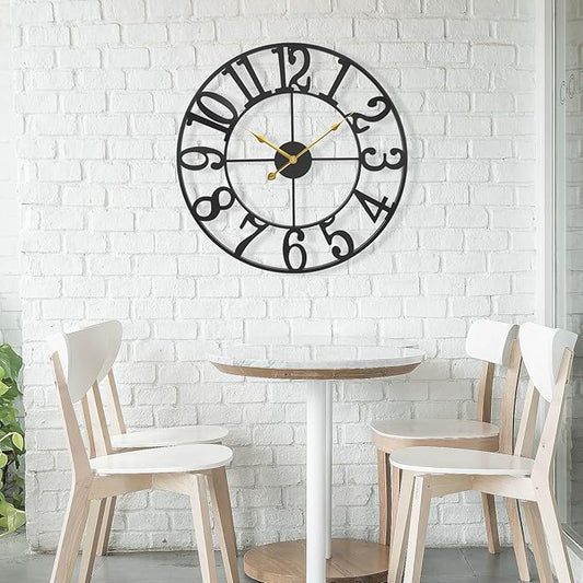 Large Outdoor Wall Clock 24 Inch - Black Metal Decorative Clock with Big Arabic Numbers - Silent Non-Ticking Quartz Clock for Patio, Garden, Porch, Backyard & Indoor Home Decor