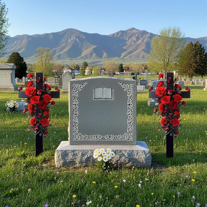 Frienda 2 Sets Cemetery Flowers Grave Stake Metal Floral Decor for Tombstone, Outdoor Gravesite Markers for Mom Dad, Memorial Day Spring Easter Grave Decor(Cross,Red)