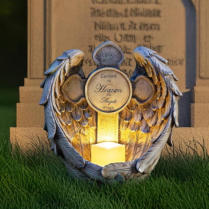 12“ Angel Wings Embracing Cross Solar Flameless LED Candles Outdoor Garden Memorial Statue for Garden Decoration Yard Art, A Touching Memorial Gift & Condolence Gifts Grave Decorations for Cemetery