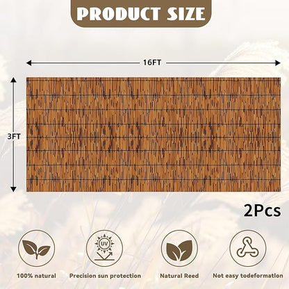 KOIUEYW Bamboo Reed Fencing, Light Russet Bamboo Fence Rolls 3 Feet High, Decorative Reed Curtains Privacy Screen Outdoor for Patio Garden Balcony Backyard, 3 x 16 FT (2 Pcs)