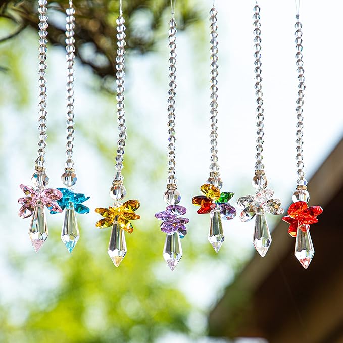 7pcs Rainbow Guardian Angel Suncatcher for Home/Car Decoration & Porch Decor & Hangings Crystal Glass Ornament for Mom Women
