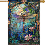 Stained Glass Dragonfly House Flag Spring Summer Yard Flag Floral Decorative Flags for Outside 28x40 Double Sided Large Seasonal Garden Flags Outdoor Indoor Yard Garden Decor
