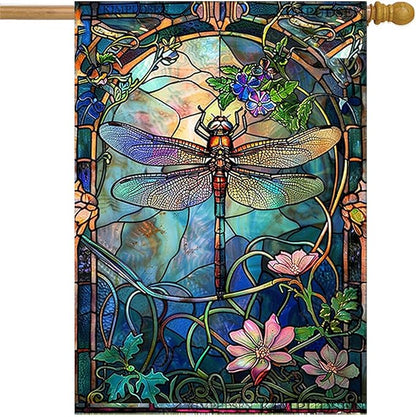 Stained Glass Dragonfly House Flag Spring Summer Yard Flag Floral Decorative Flags for Outside 28x40 Double Sided Large Seasonal Garden Flags Outdoor Indoor Yard Garden Decor