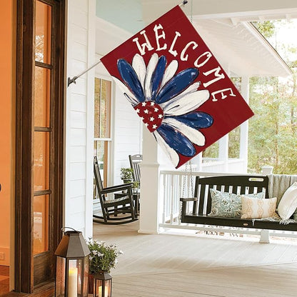 AVOIN colorlife Patriotic 4th of July House Flag 28x40 Inch Double Sided Outside, Memorial Day Red Floral Welcome Daisy Yard Outdoor Decoration