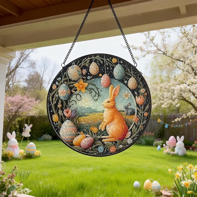 Easter Bunny Stained Glass Window Hanging Suncatcher, Colorful Rabbit with Egg Spring Decor for Home Garden, Animal Glass Art Ornament, Birthday Gift for Women Mom Nana, 7.8 Inch Sun Catcher