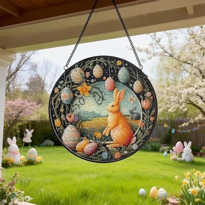 Easter Bunny Stained Glass Window Hanging Suncatcher, Colorful Rabbit with Egg Spring Decor for Home Garden, Animal Glass Art Ornament, Birthday Gift for Women Mom Nana, 7.8 Inch Sun Catcher