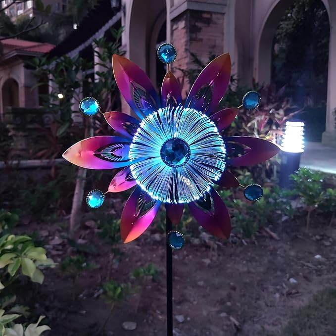 COOZZYHOR Soalr Wind Spinners Garden Stake,42 Inch Metal Peacock Feather Fiber Optic Windmills,Wind Sculpture Decor for Lawn, Patio&Yard Outdoor Decorations