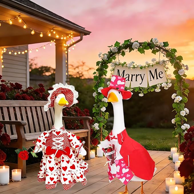 Forever Romance Goose Outfit - Red Tuxedo Holding Flowers for 23" Porch Goose, Perfect for Engagement, Wedding, & Renewing Vows Decoration
