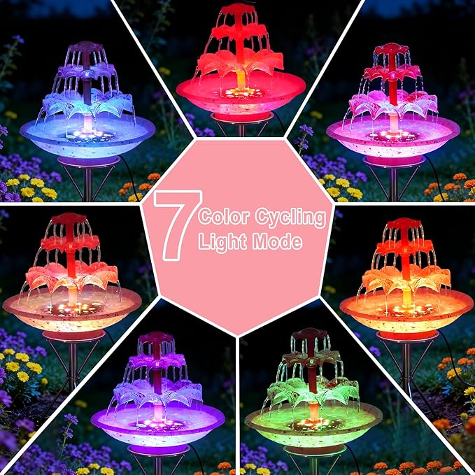 3.5W Solar Fountain Pump for Bird Bath, 3-Tier Red Solar Water Pump with 8 LED Lights, 32.8FT Power Cord and Adapter Included, Dual-Powered for 24/7 Use for Garden, Pond, Pool, Fish Tank and Lawn