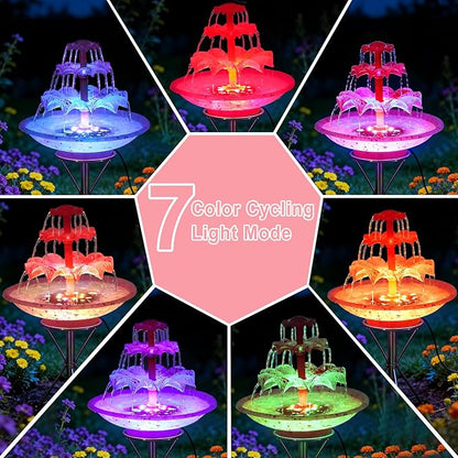 3.5W Solar Fountain Pump for Bird Bath, 3-Tier Red Solar Water Pump with 8 LED Lights, 32.8FT Power Cord and Adapter Included, Dual-Powered for 24/7 Use for Garden, Pond, Pool, Fish Tank and Lawn