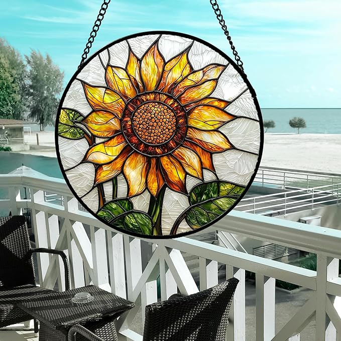 DASTOLL Stained Glass Window Hanging - Sunflower Flower Suncatcher Ready to Hang Window Doors Home Decoration and Christmas, Mother's Day Birthday Gifts for Women, Men, and Mom 14.9x14.9 in