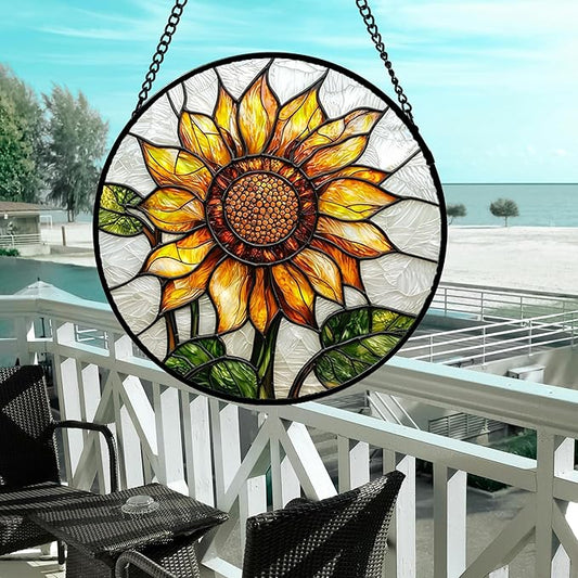 DASTOLL Stained Glass Window Hanging - Sunflower Flower Suncatcher Ready to Hang Window Doors Home Decoration and Christmas, Mother's Day Birthday Gifts for Women, Men, and Mom 14.9x14.9 in