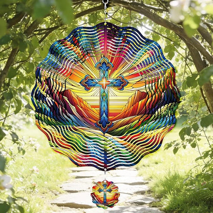 Cross Wind Spinner Outdoor - 12 Inch 3D Christian Cross Hanging Decor, Colorful Christian Metal Spinner Gift, Kinetic Yard Art Ornament for Garden Patio Porch Lawn