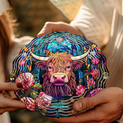 Highland Cow Wind Spinner, Highland Cow Stained Glass Wind Spinner, Wind Sculpture Highland Cow Wind Spinners for Garden Patio Yard Decor