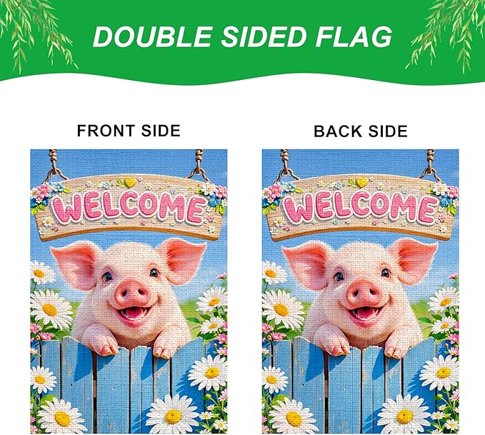 IVN Welcome Pig Spring Garden Flag 12x18 Inch Funny Piglet Watercolor Blue Garden Gate Fence Daisies Pink Flower Dasiy Watering Can Floral Double Sided Burlap Vertical Small Yard House Flag Seasonal Outdoor Decoration for Outside Home Front Door Lawn P...