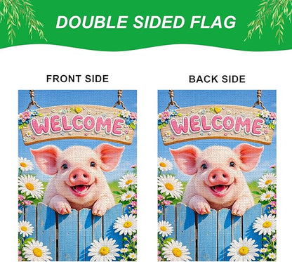 IVN Welcome Pig Spring Garden Flag 12x18 Inch Funny Piglet Watercolor Blue Garden Gate Fence Daisies Pink Flower Dasiy Watering Can Floral Double Sided Burlap Vertical Small Yard House Flag Seasonal Outdoor Decoration for Outside Home Front Door Lawn P...