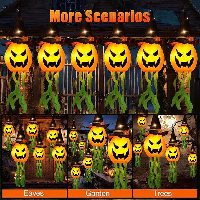 Cuorung Halloween Decorations Outdoor Decor Hanging Lighted Glowing Pumpkin Witch Hat with 3 Modes Lighted Up Scary Orange Halloween Decorations for Indoor Outside Party Yard Tree Garden (6Pcs)