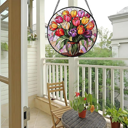 Stained Glass Window Hanging - Red Orange Purple Tulips Suncatcher for Door Terrace Garden Home Decor Flowers Sun Catcher Birthday Gifts for Lovers Women Men Dad Mom Nana 9.8 in
