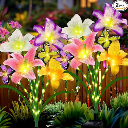 Solar Garden Lights 2 Pack 8 Lily Flowers with Butterfly Decor,Gifts for Mom Woman Birthday Solar Flower Lights for Outside,Cemetery Flowers for Grave - Decorative Lilies for Yard, Patio, Pathway