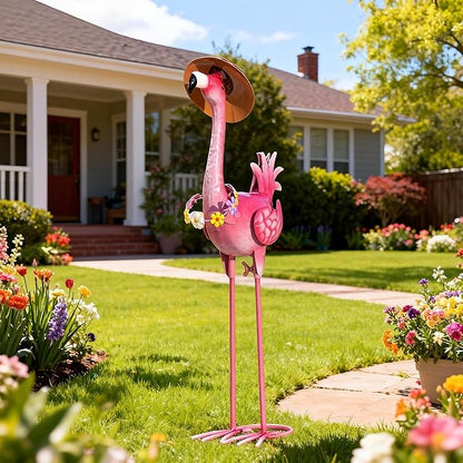 Natelf Flamingo Metal Garden Statue Outdoor Pink Hawaii Flamingo Yard Art Sculpture Decor with Flower Lei & Straw Hat, Waterproof Rust-Proof Lawn Decor for Patio, Poolside, Tropical Party