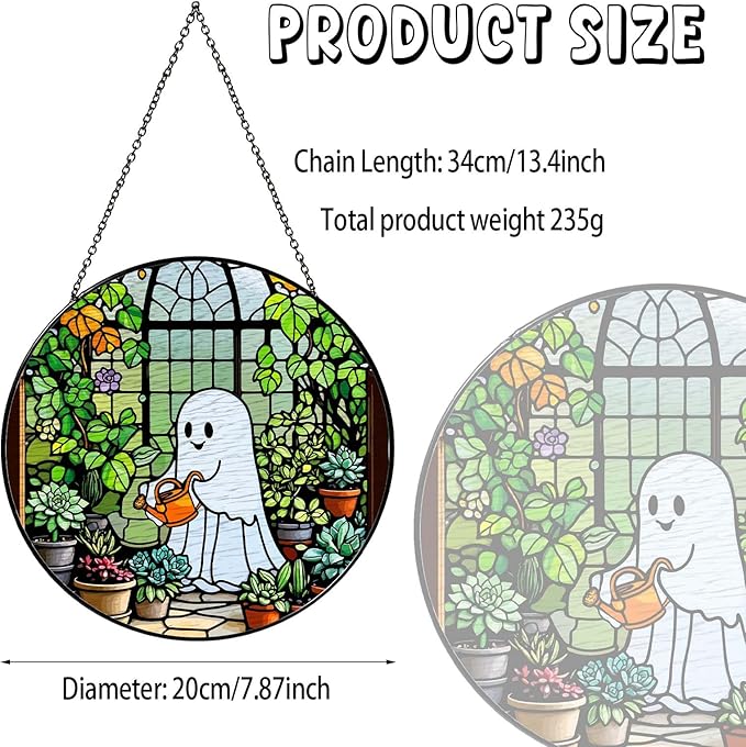 Ghost Garden Sun Catcher Stained Glass Window Hanging Plant Lovers Gifts for Women Wall Decor Handmade SunCatcher Decoration for Garden Home Plant Greenhouse Decor, 7.87inch