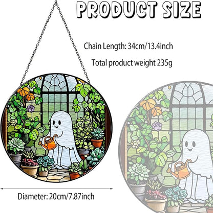 Ghost Garden Sun Catcher Stained Glass Window Hanging Plant Lovers Gifts for Women Wall Decor Handmade SunCatcher Decoration for Garden Home Plant Greenhouse Decor, 7.87inch