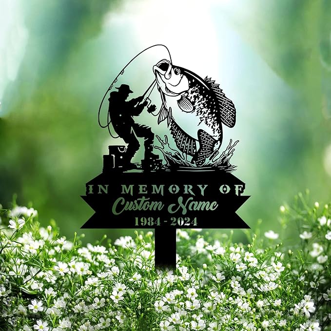 Custom Crappie Fishing Metal Memorial Stake Personalized Fisherman Catching Fish Grave Marker Name Sign Fisher Remembrance Stake Decor,Memorial Statue Sign for Garden Outdoor Outside Yard Decor.