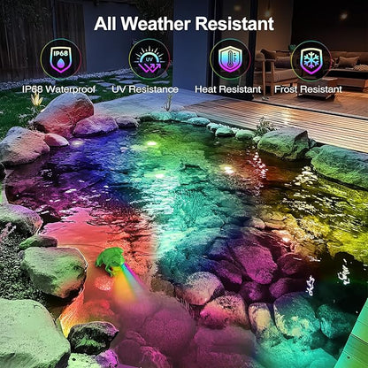 RGB Pond Light with APP, 6W Frog Fountain Lights with 12V Transformer, IP68 Waterproof Underwater Pond Lights with Long Cables for Ponds Waterfall Fountain Gardens Water Feature, 2 SpotLights
