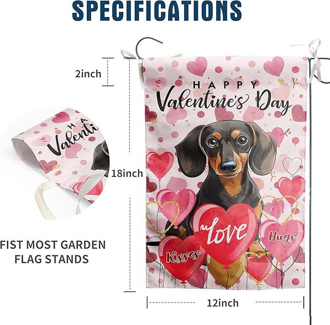 Dachshund Valentine Garden Flag Valentines Day Flags for Outside 12x18 Double Sided Small Yard Flags Dog Valentine's Day Decor Outdoor Lawn Valentines Banners Front Porch