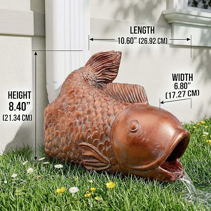 Real Koi Gutter Downspout Extender Statue, Garden Ornament, Fish Decorative Gutter Extension Downspout, Perfect Rain Diverter for 3"x4" Downspouts, Eco-Friendly Resin, Outdoor Decor Gift