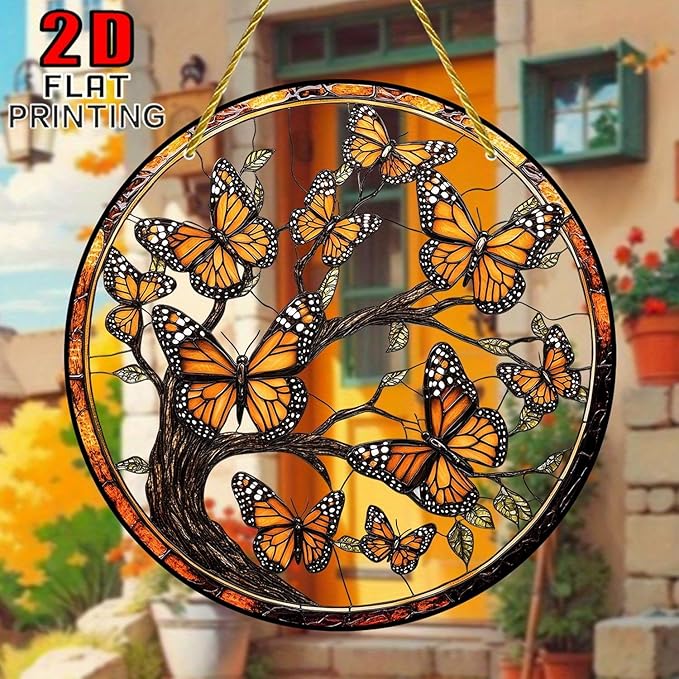 7.87Inch Butterfly Sun Catcher Acrylic Garden Cute Yellow Tree of Life Stained Suncatcher Decor Colorfu Glass for Wall Home, Garden, Housewarming Women Neighbor Decor Gifts for Mom