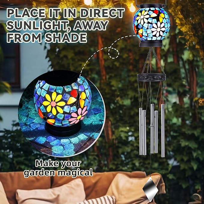VOREEN Solar Wind Chimes with Gentle Chime Sound, Blue Mosaic Glass Lantern for Outdoor, Calming Night Glow & Relaxing Breeze Melody, Waterproof Porch Yard Garden Decor, Memorial & Sympathy Gift