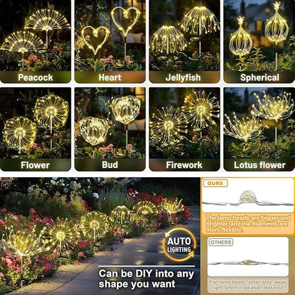 4 Pack Solar Firework Lights Outdoor, Adjustable 32" to 51" Extra Tall, Verified 200 LED Warm White Stainless Steel 3-Section Pole, 8 Modes Waterproof Starburst Garden Lights for Large Yard