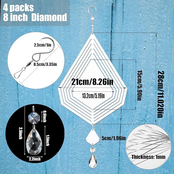 4Pack 11inch Sublimation Wind Spinner Blanks 3D Aluminum Metal Wind Sculpture Kinetic Spinners for Yard and Garden Indoor Art Ornaments Hanging Decoration (Diamond)