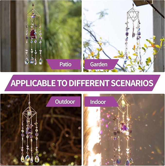 Crystal Suncatchers for Window Hanging Decor Amethyst Prism Sun Catcher Indoor Window Rainbow Maker Crystal Wind Chimes Garden Outdoor Home Decoration