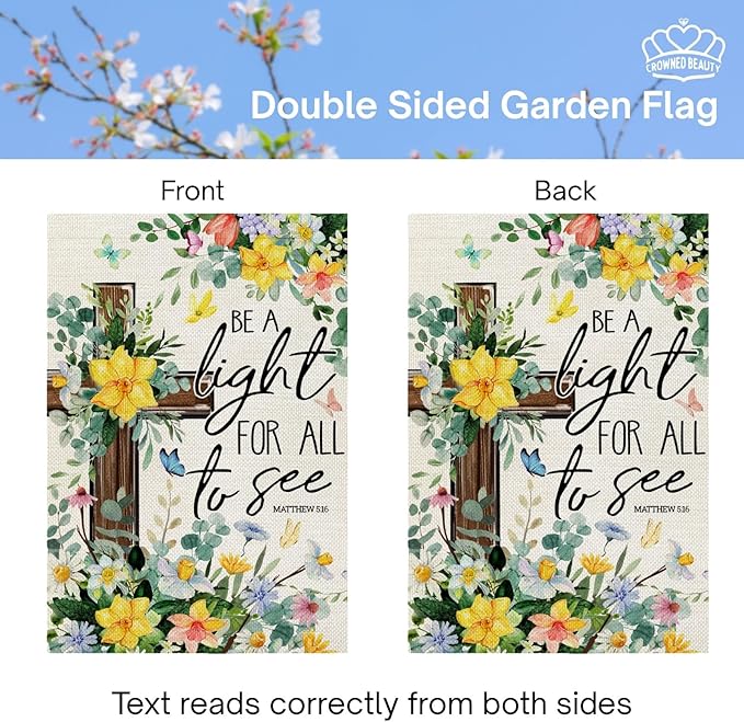 CROWNED BEAUTY Spring Garden Flag Floral Cross 12x18 Inch Double Sided Small Seasonal Holiday Religious Decoration for Outdoor Lawn Yard