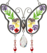 KY&BOSAM Butterfly Suncatchers Gifts for Mom Family Friends Stained Glass Suncatchers for Windows Hangings Wind Chimes Real Flower Colorful Crystal Outdoor for Garden Indoor Home Trees Party Decor