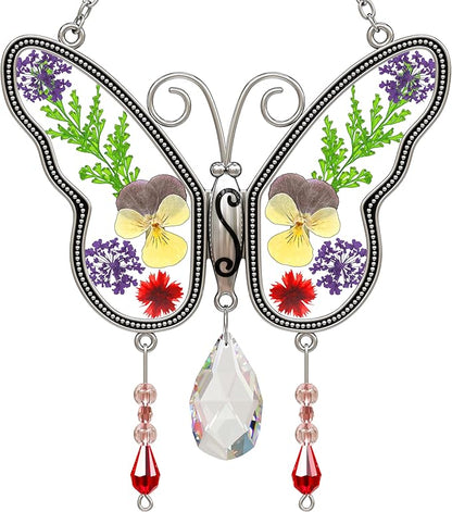 KY&BOSAM Butterfly Suncatchers Gifts for Mom Family Friends Stained Glass Suncatchers for Windows Hangings Wind Chimes Real Flower Colorful Crystal Outdoor for Garden Indoor Home Trees Party Decor