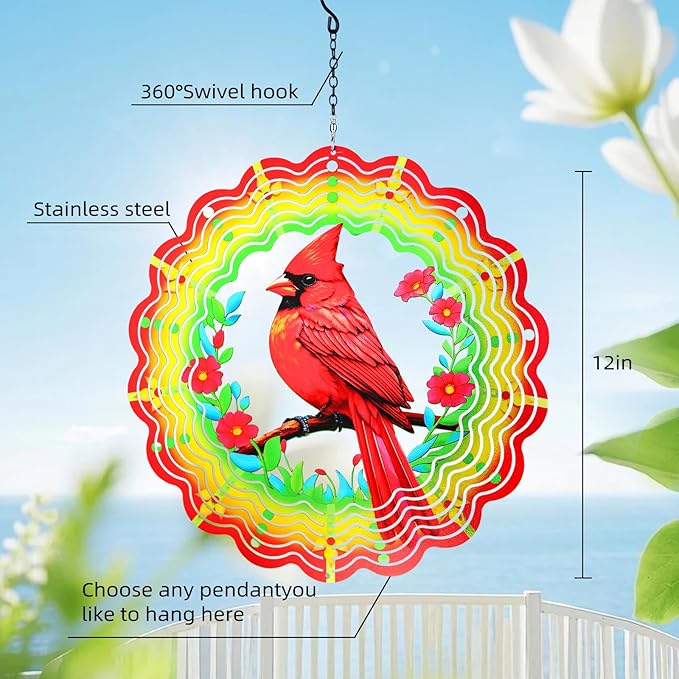 Metal Wind Spinners Outdoor Cardinal Hanging Wind Spinner Gifts for Women Men,12 inch 3D Stainless Steel Wind Catchers Kinetic Sculpture for Garden Decor,Outside,Yard,Patio,Backyard,Porch Decoration